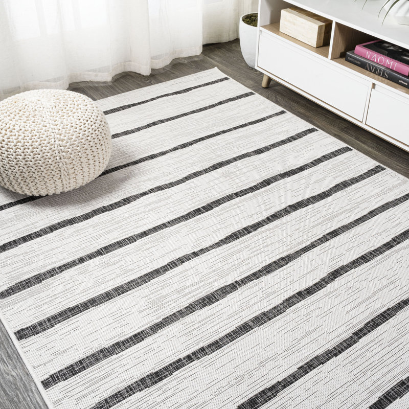 Gracie Oaks Sieghard Striped Ivory/Black Indoor / Outdoor Area Rug